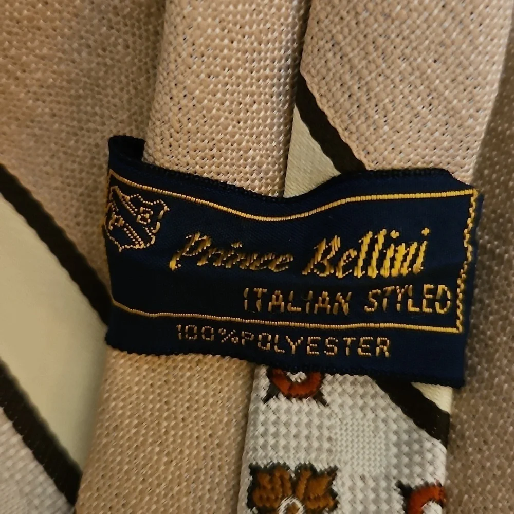 Vtg PRINCE BELLINI MCM Tan Striped Floral Clip-on Tie